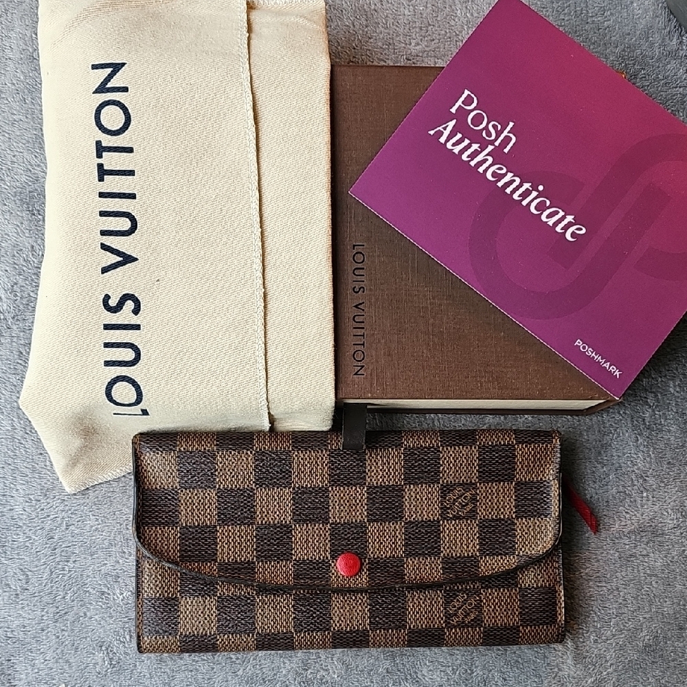 Limited Edition Louis Vuitton Brown Damier Ebene Long Wallet with Red Accent